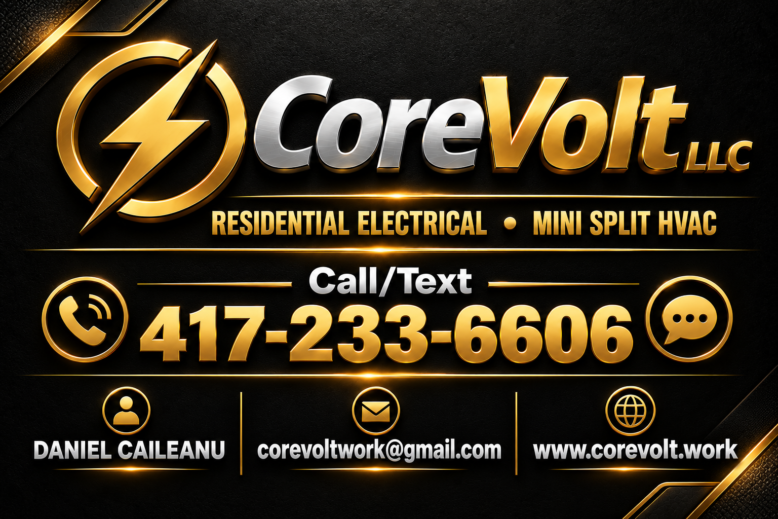 CoreVolt LLC business card — Residential Electrical and Mini Split HVAC. Call or text 417-233-6606.