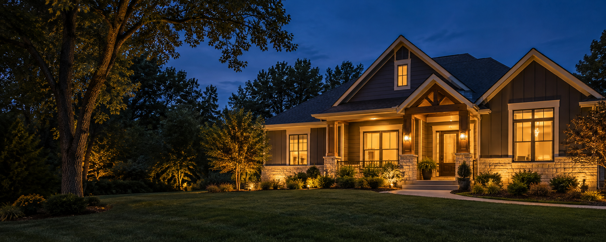 Illustrative image of a warmly lit home at dusk